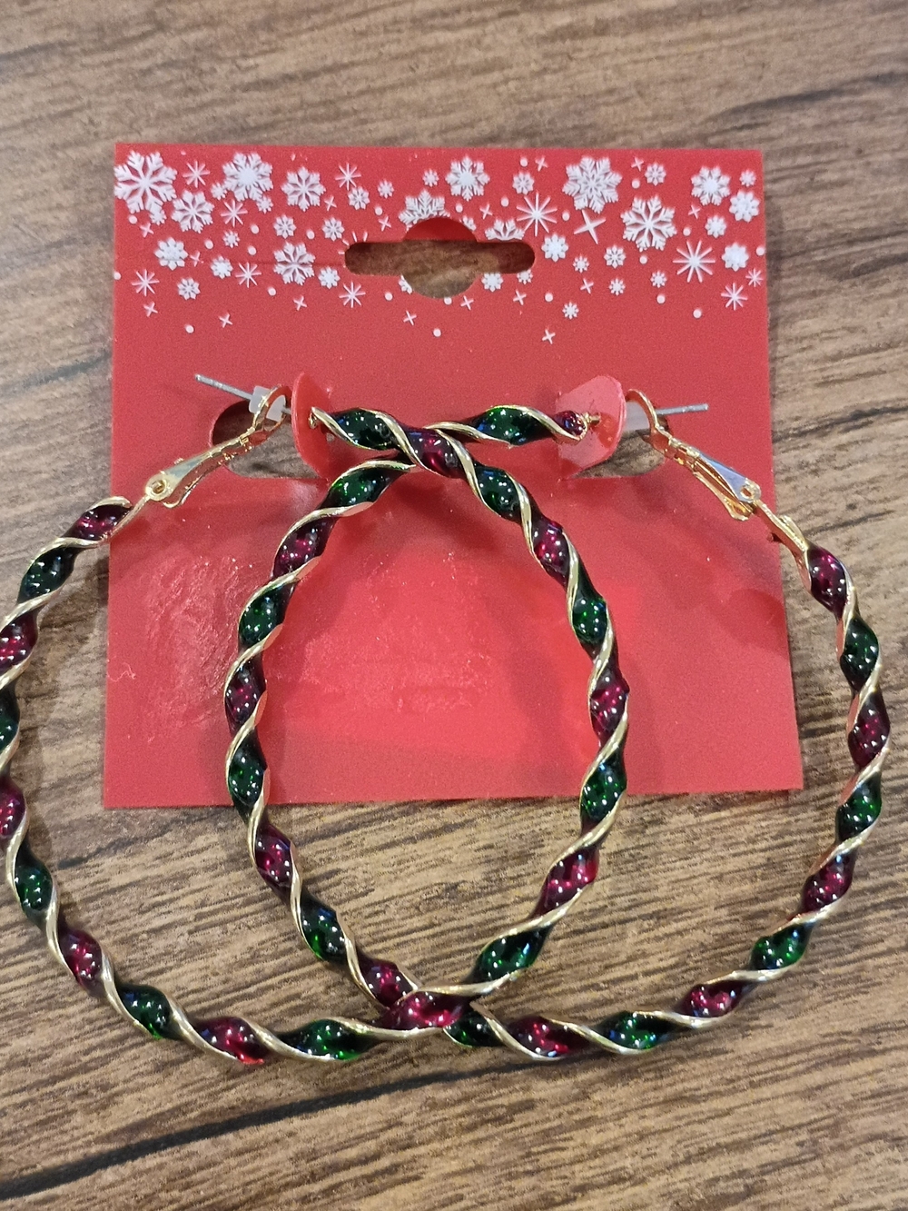 Gold Twist Hoop Earrings with Green and Red Enamel